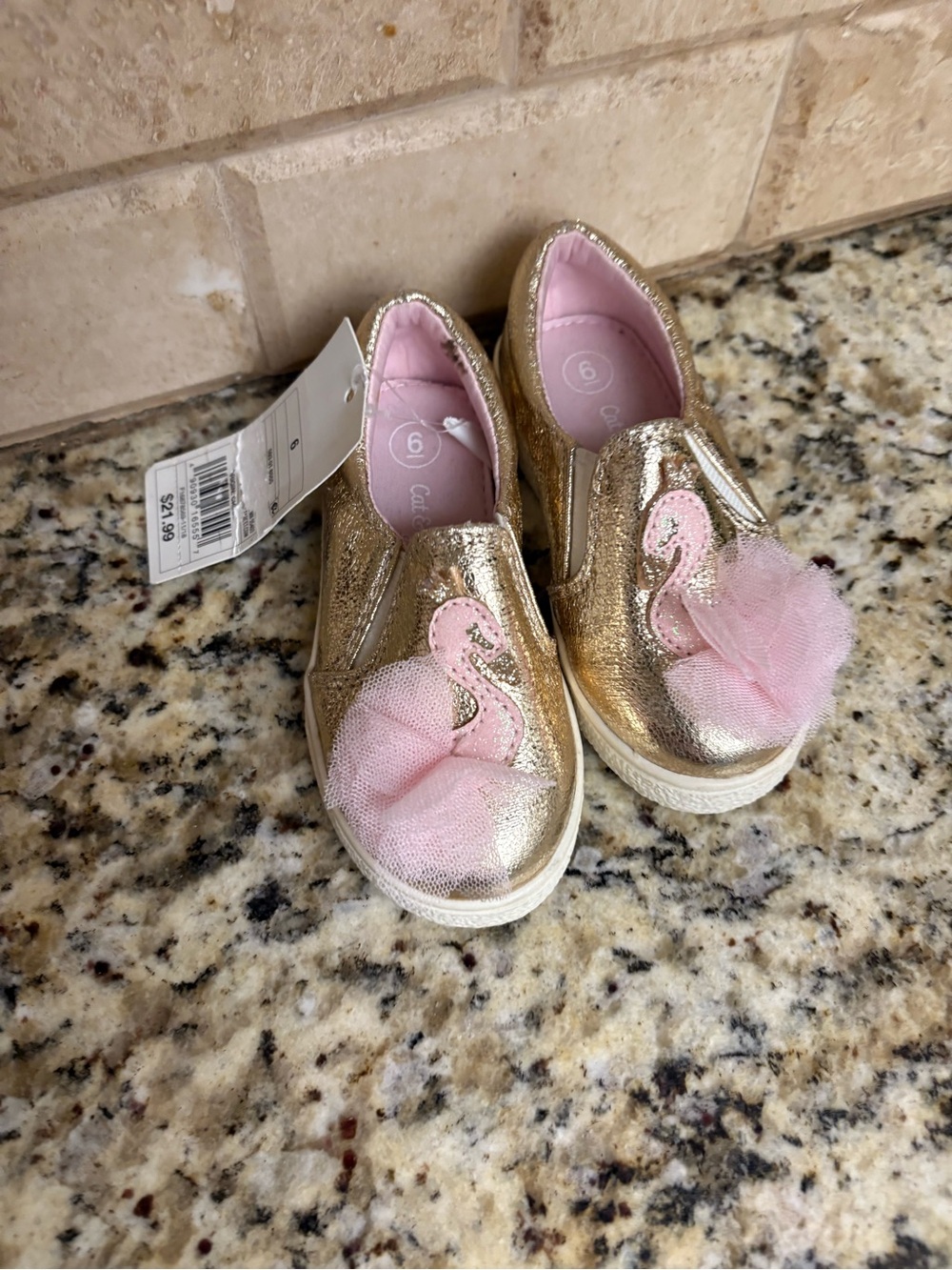 Cat & Jack Gold Slip-On Sneakers with Pink Flamingo Tulle